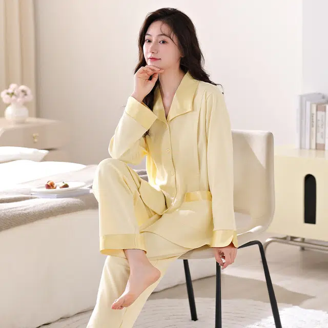 帕兰朵 简约可爱休闲宽松月子服春秋薄款产前产后舒适亲肤孕期长袖纯色纯棉  家居服套装  女款  浅黄色
