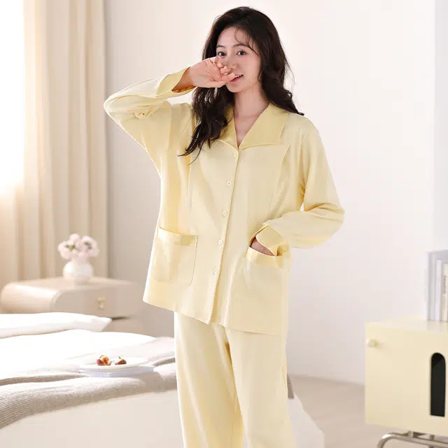 帕兰朵 简约可爱休闲宽松月子服春秋薄款产前产后舒适亲肤孕期长袖纯色纯棉  家居服套装  女款  浅黄色