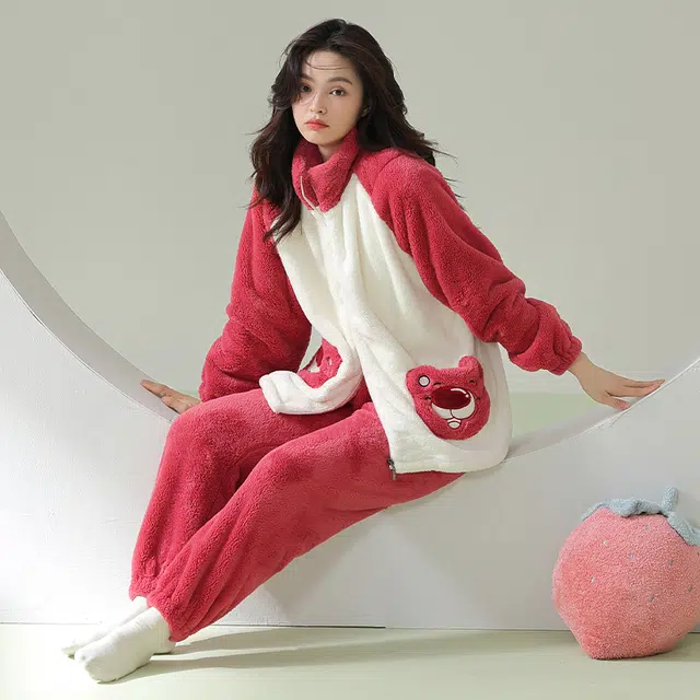 帕兰朵  双面绒加绒加厚保暖秋冬时尚简约长袖睡衣可爱休闲撞色时尚可外穿  家居服套装  女款  粉白色
