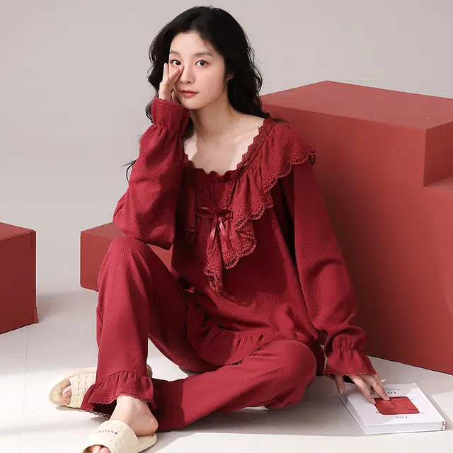 帕兰朵 舒适薄款透气简约时尚睡衣套头华夫格宽松春秋纯棉居家休闲  家居服套装  女款  红色