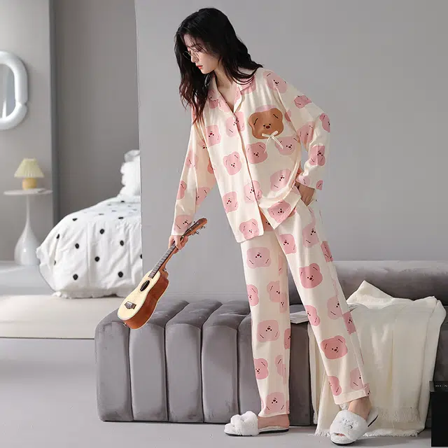 帕兰朵 可爱休闲舒适上衣柔软亲肤长裤睡衣套装 女款 粉色