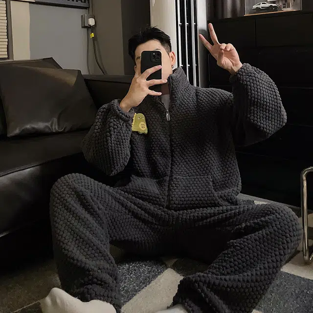 帕兰朵 可爱卡通睡衣情侣玫瑰绒保暖高领拉链款长袖秋冬季长袖男士女士法兰绒睡衣 家居服套装  男女款  深灰色