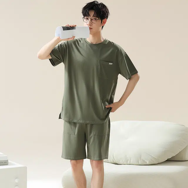 帕兰朵 睡衣短袖新款大码薄款可外穿青年家居服圆领落肩套头短袖松紧腰纯色短裤睡衣套装 男款 卡其色
