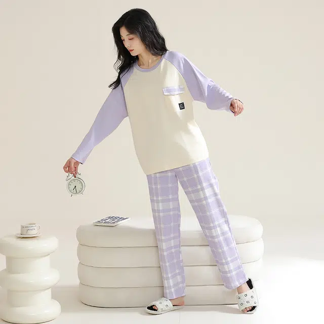 帕兰朵 简约时尚宽松圆领上衣格子长裤睡衣套装 女款 浅紫色
