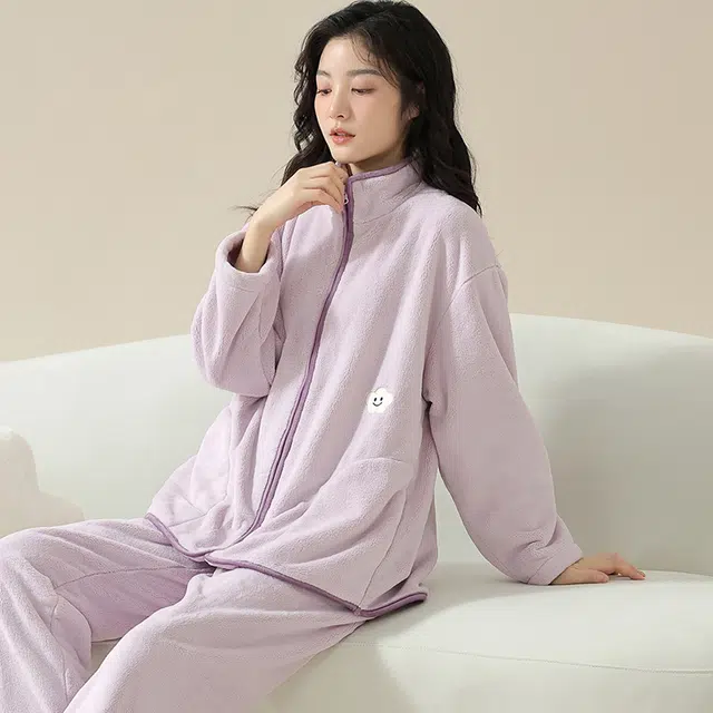 帕兰朵 长袖睡衣男女秋冬季加厚拉链开衫立领法兰绒男士休闲保暖 家居服套装  情侣款  浅灰色浅紫色