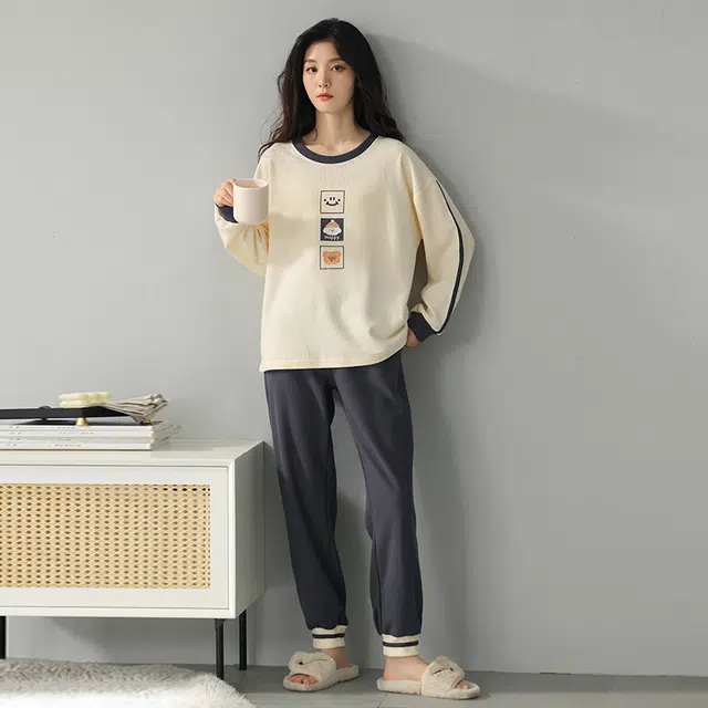帕兰朵 时尚舒适居家长袖圆领套头透气简约可外穿休闲华夫格睡衣套装 女款 米色