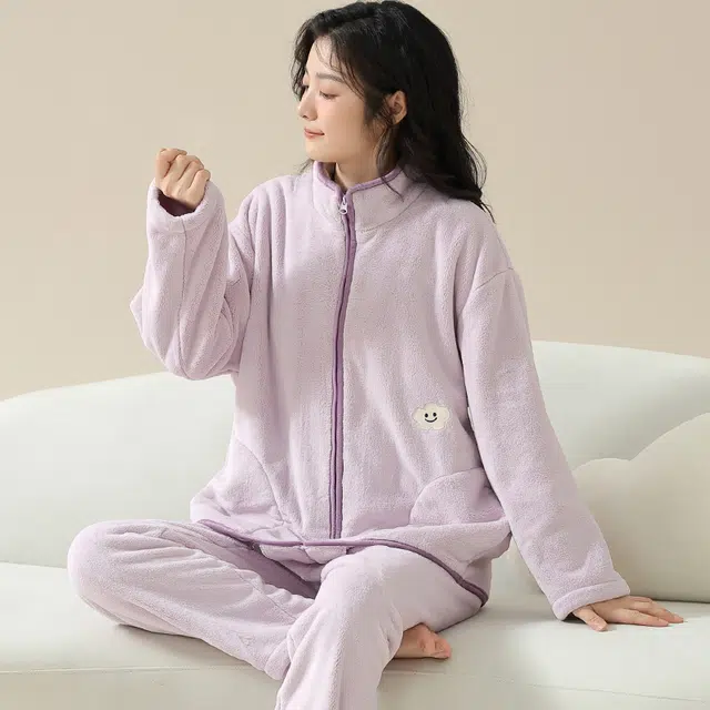 帕兰朵 长袖睡衣男女秋冬季加厚拉链开衫立领法兰绒男士休闲保暖 家居服套装  情侣款  浅灰色浅紫色