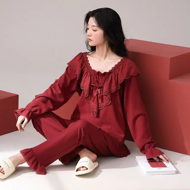 帕兰朵 舒适薄款透气简约时尚睡衣套头华夫格宽松春秋纯棉居家休闲  家居服套装  女款  红色