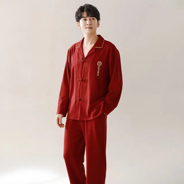 帕兰朵 纯色简约休闲新中式纯棉透气薄款长袖开衫居家睡衣宽松可外穿时尚  家居服套装  男款  红色