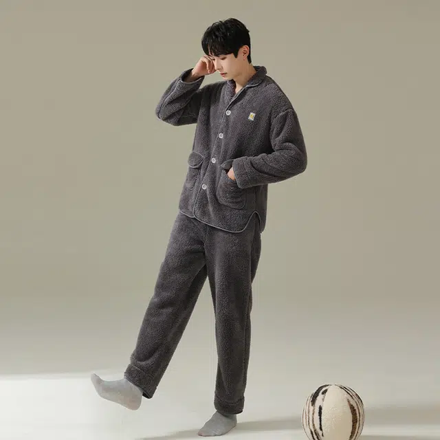 帕兰朵 秋冬时尚保暖居家睡衣翻领落肩纯色单排扣可外穿舒适长毛绒柔软休闲  家居服套装  男款  深灰色