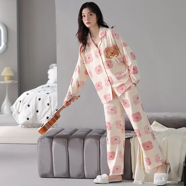帕兰朵 可爱休闲舒适上衣柔软亲肤长裤睡衣套装 女款 粉色