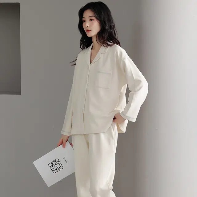 帕兰朵 纯色简约宽松长袖长裤舒适休闲可外穿时尚透气睡衣套装 女款 米白色