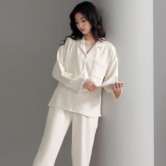 帕兰朵 纯色简约宽松长袖长裤舒适休闲可外穿时尚透气睡衣套装 女款 米白色