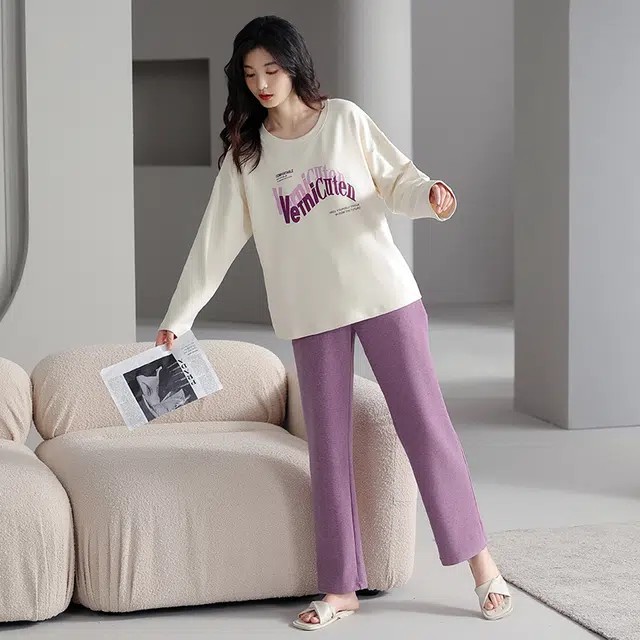 帕兰朵 简约字母印花休闲舒适圆领套头长袖上衣松紧腰长裤睡衣套装 女款 紫色