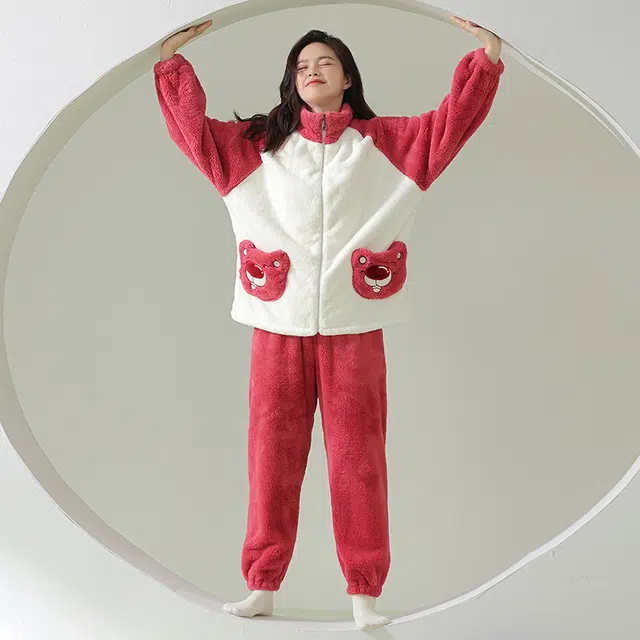帕兰朵  双面绒加绒加厚保暖秋冬时尚简约长袖睡衣可爱休闲撞色时尚可外穿  家居服套装  女款  粉白色