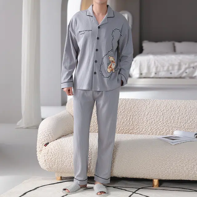 帕兰朵 小熊印花休闲简约居家长袖上衣松紧腰可外穿长裤睡衣套装 男款 灰蓝色