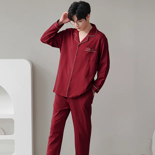 帕兰朵 华夫格开衫简约纯色宽松轻奢时尚居家休闲舒适薄款春秋长袖睡衣套头女  家居服套装   情侣款  红色
