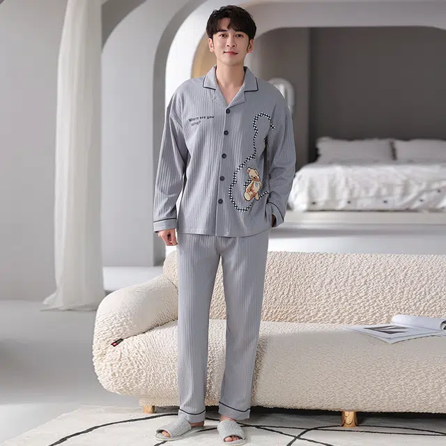 帕兰朵 小熊印花休闲简约居家长袖上衣松紧腰可外穿长裤睡衣套装 男款 灰蓝色