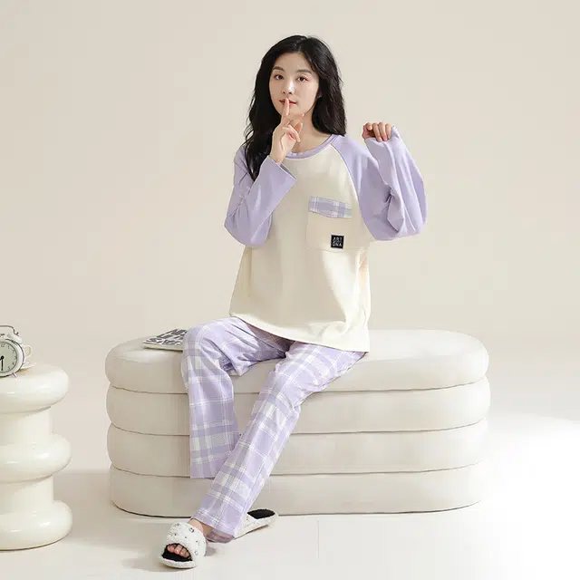 帕兰朵 简约时尚宽松圆领上衣格子长裤睡衣套装 女款 浅紫色