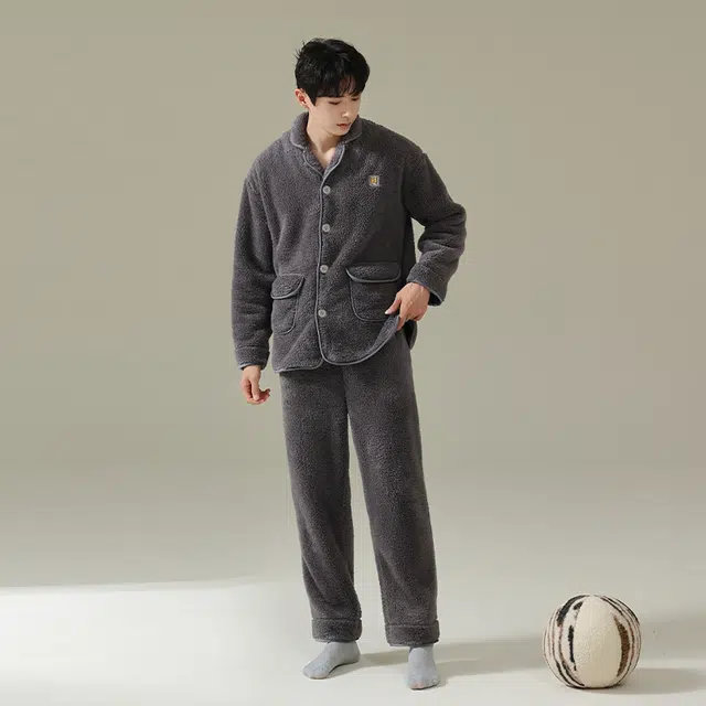 帕兰朵 秋冬时尚保暖居家睡衣翻领落肩纯色单排扣可外穿舒适长毛绒柔软休闲  家居服套装  男款  深灰色
