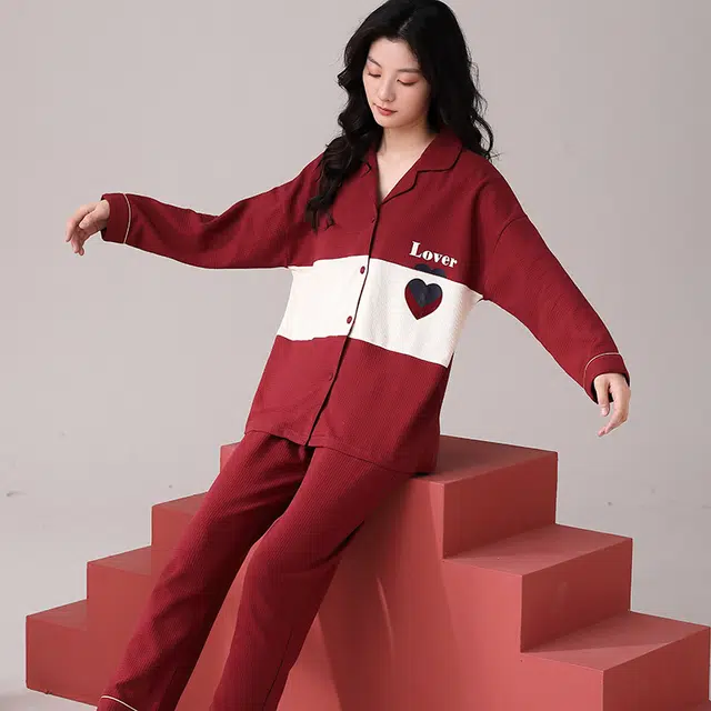 帕兰朵 休闲撞色时尚长袖睡衣华夫格舒适宽松透气纯棉开衫简约居家可外穿  家居服套装  女款  红色