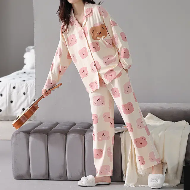 帕兰朵 可爱休闲舒适上衣柔软亲肤长裤睡衣套装 女款 粉色