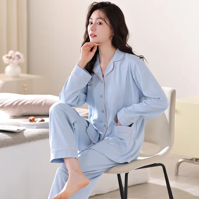 帕兰朵 舒适亲肤月子服睡衣长袖春秋薄款居家休闲简约纯色可爱产前产后哺乳期  家居服套装  女款  蓝色