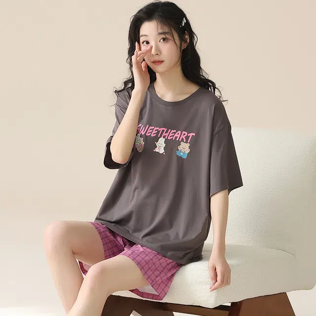 帕兰朵 休闲圆领字母印花简约短袖松紧腰宽松舒适透气格子短裤睡衣套装 女款 深灰