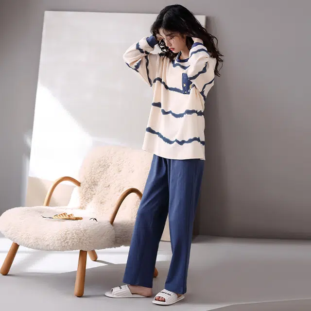 帕兰朵 纯色休闲印花简约圆领套头长袖宽松舒适居家睡衣套装 女款 蓝色