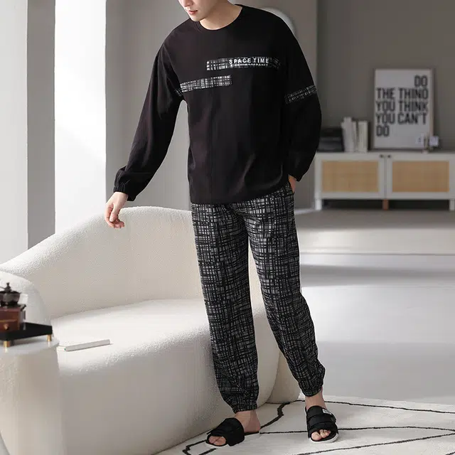 帕兰朵 薄款宽松圆领束脚舒适简约睡衣套装 男款 黑色