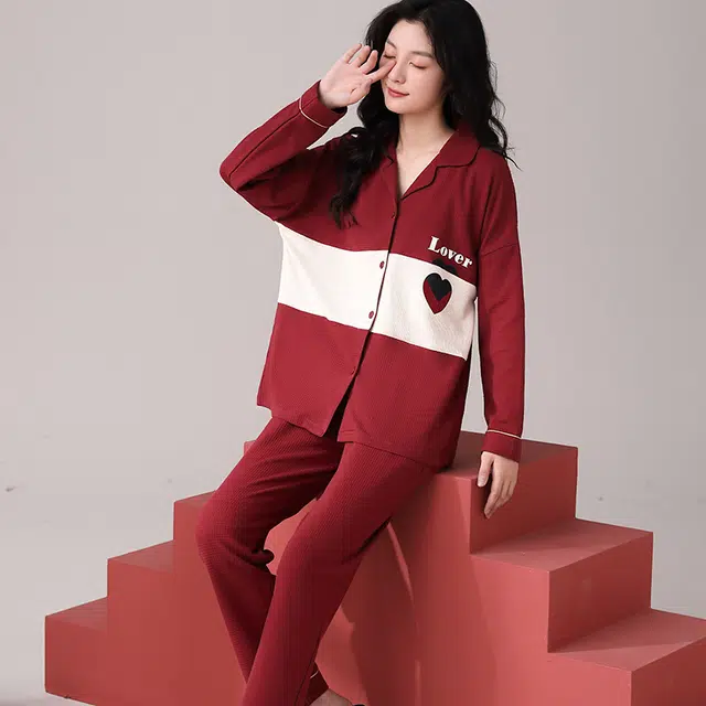 帕兰朵 休闲撞色时尚长袖睡衣华夫格舒适宽松透气纯棉开衫简约居家可外穿  家居服套装  女款  红色