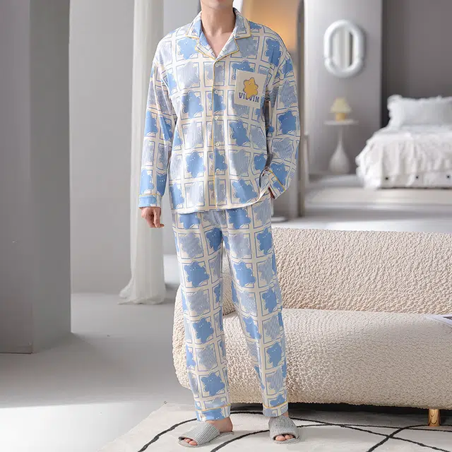 帕兰朵 简约字母单排扣长袖上衣松紧腰长裤睡衣套装 男款 蓝色