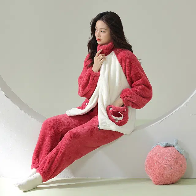 帕兰朵  双面绒加绒加厚保暖秋冬时尚简约长袖睡衣可爱休闲撞色时尚可外穿  家居服套装  女款  粉白色