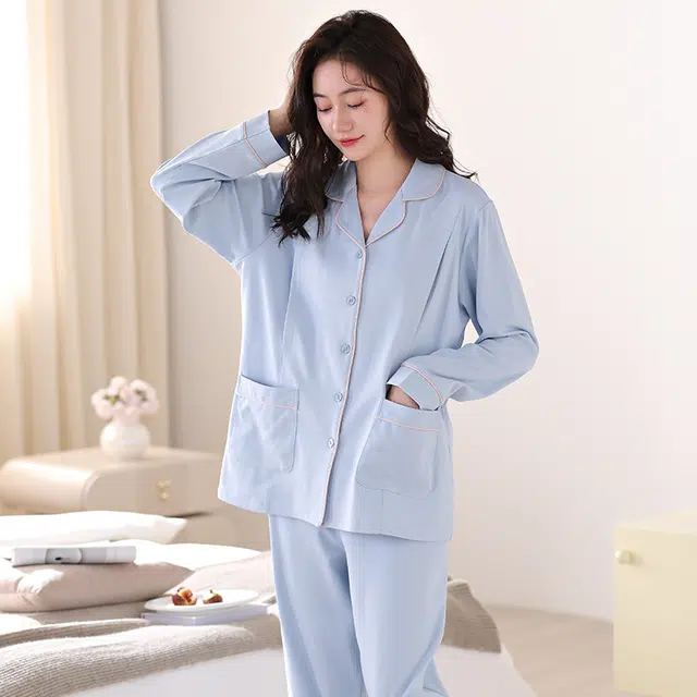 帕兰朵 舒适亲肤月子服睡衣长袖春秋薄款居家休闲简约纯色可爱产前产后哺乳期  家居服套装  女款  蓝色