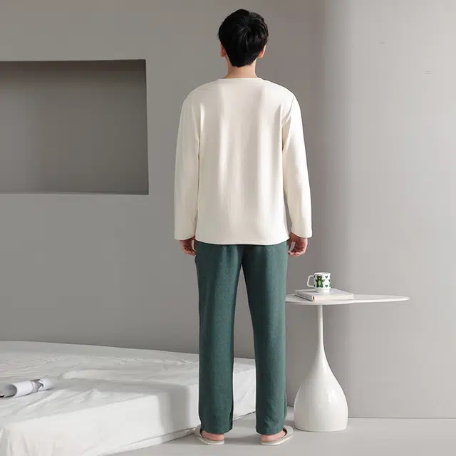 帕兰朵 简约爱心印花舒适休闲时尚圆领长袖上衣松紧腰长裤睡衣套装 男款 米白色