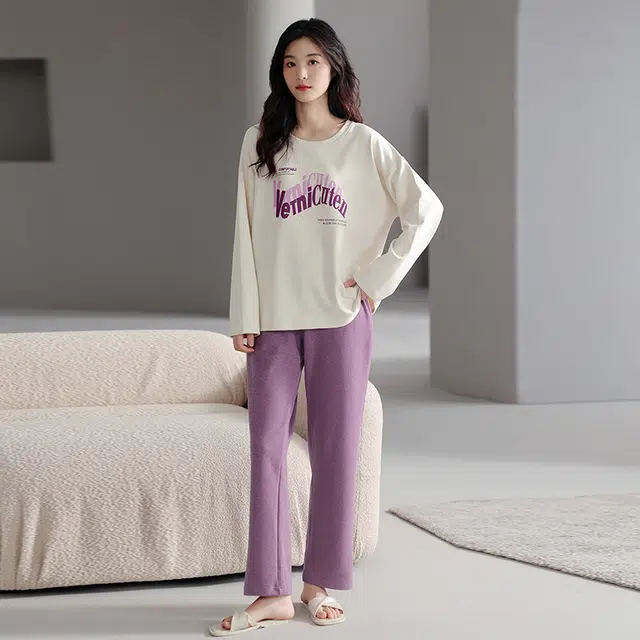 帕兰朵 简约字母印花休闲舒适圆领套头长袖上衣松紧腰长裤睡衣套装 女款 紫色