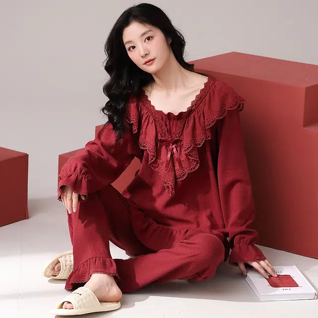 帕兰朵 舒适薄款透气简约时尚睡衣套头华夫格宽松春秋纯棉居家休闲  家居服套装  女款  红色