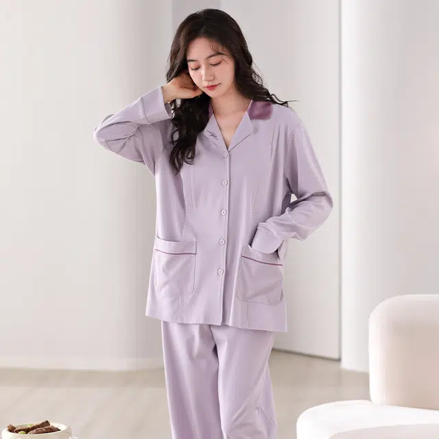 帕兰朵 居家长袖睡衣月子服孕期哺乳期休闲纯色产前产后春秋薄款舒适简约纯棉  家居服套装  女款  紫色