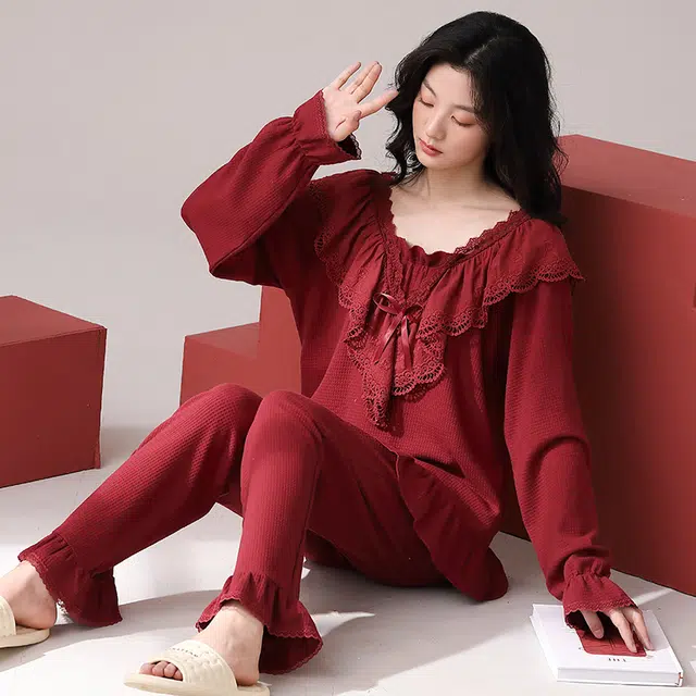 帕兰朵 舒适薄款透气简约时尚睡衣套头华夫格宽松春秋纯棉居家休闲  家居服套装  女款  红色