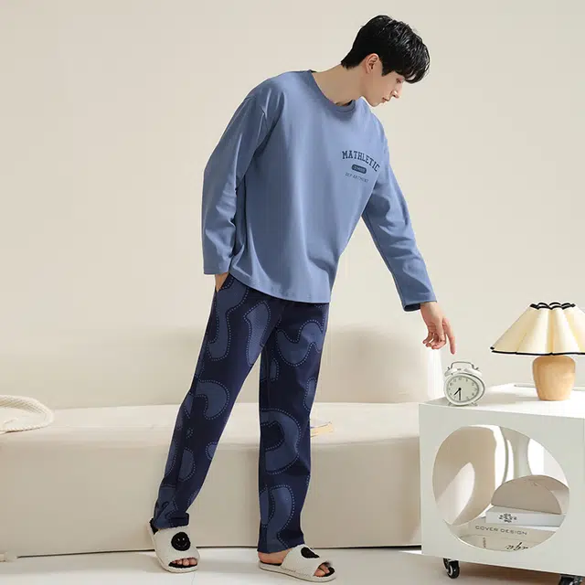 帕兰朵 休闲时尚纯色圆领套头长袖上衣松紧腰长裤睡衣套装 男款 蓝色
