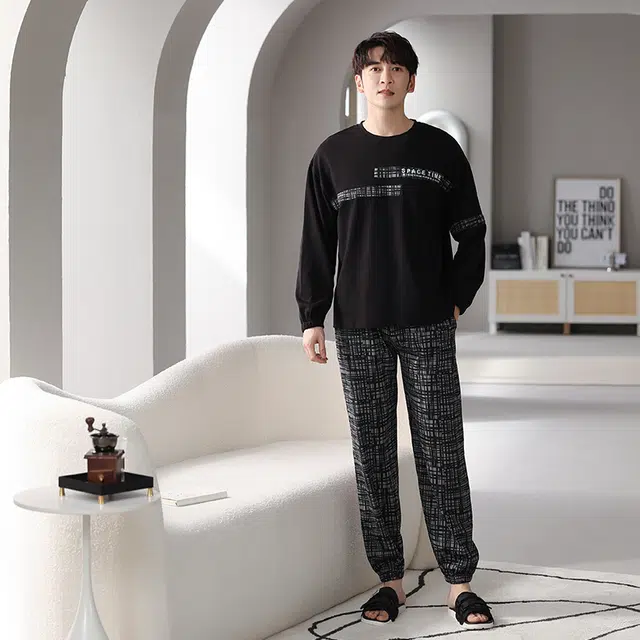 帕兰朵 薄款宽松圆领束脚舒适简约睡衣套装 男款 黑色