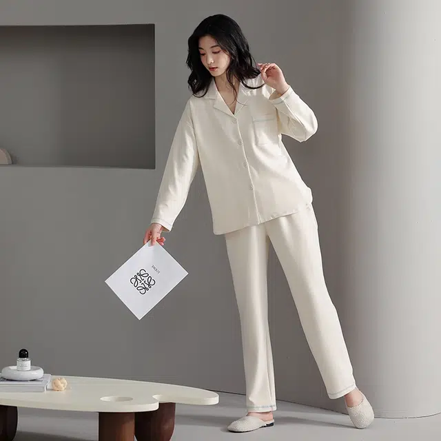 帕兰朵 纯色简约宽松长袖长裤舒适休闲可外穿时尚透气睡衣套装 女款 米白色