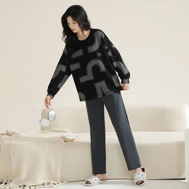 帕兰朵 时尚休闲圆领长袖上衣松紧腰直筒长裤睡衣套装 女款 黑色