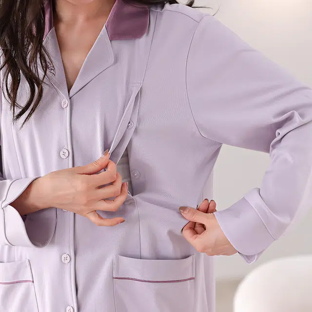 帕兰朵 居家长袖睡衣月子服孕期哺乳期休闲纯色产前产后春秋薄款舒适简约纯棉  家居服套装  女款  紫色