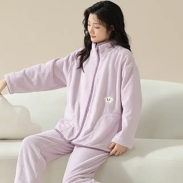 帕兰朵 长袖睡衣男女秋冬季加厚拉链开衫立领法兰绒男士休闲保暖 家居服套装  情侣款  浅灰色浅紫色