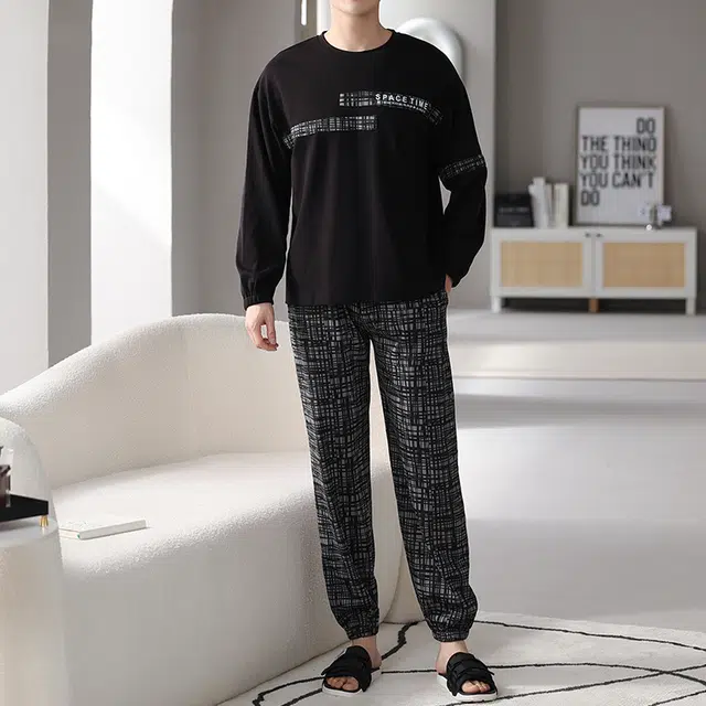 帕兰朵 薄款宽松圆领束脚舒适简约睡衣套装 男款 黑色