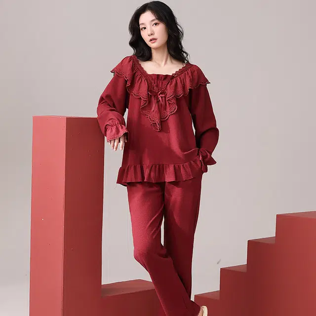 帕兰朵 舒适薄款透气简约时尚睡衣套头华夫格宽松春秋纯棉居家休闲  家居服套装  女款  红色