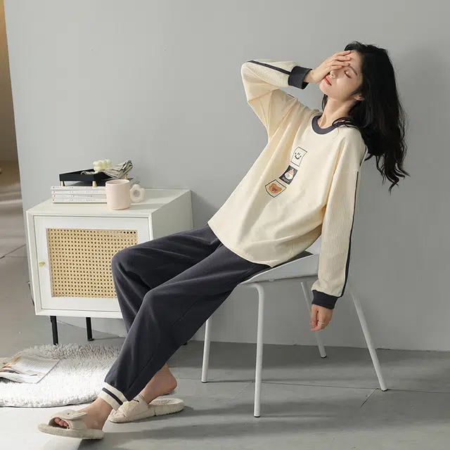 帕兰朵 时尚舒适居家长袖圆领套头透气简约可外穿休闲华夫格睡衣套装 女款 米色
