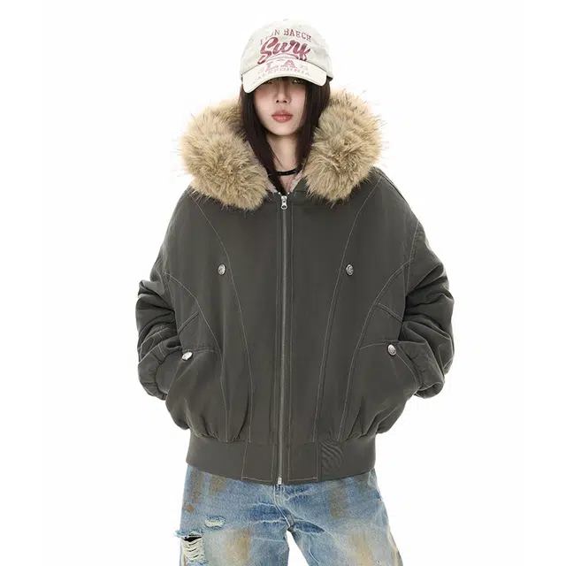 普鲁士多特蒙德 【冬季保暖外套】毛绒连帽纯色复古入冬款无性别主义个性设计百搭情侣穿搭加绒锁温防风棉服 男女同款