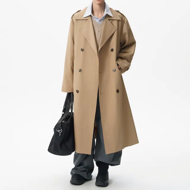 普鲁士多特蒙德 美式复古简约基础款美拉德西装领时尚百搭舒适优雅收腰宽松双排扣纯色夹克英伦风腰带中长款大衣 男女同款